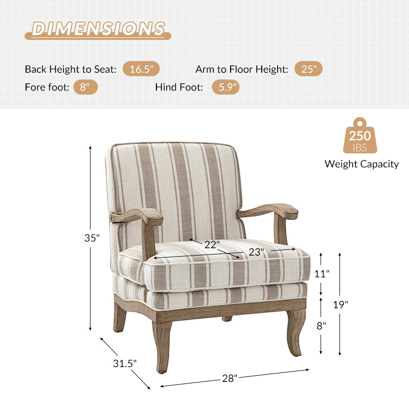 Randolph Romantic Upholstered Stripes Armchair with Solid Wood Armrests - Comfortable Living Room Accent Chair for Home Decor & Relaxation