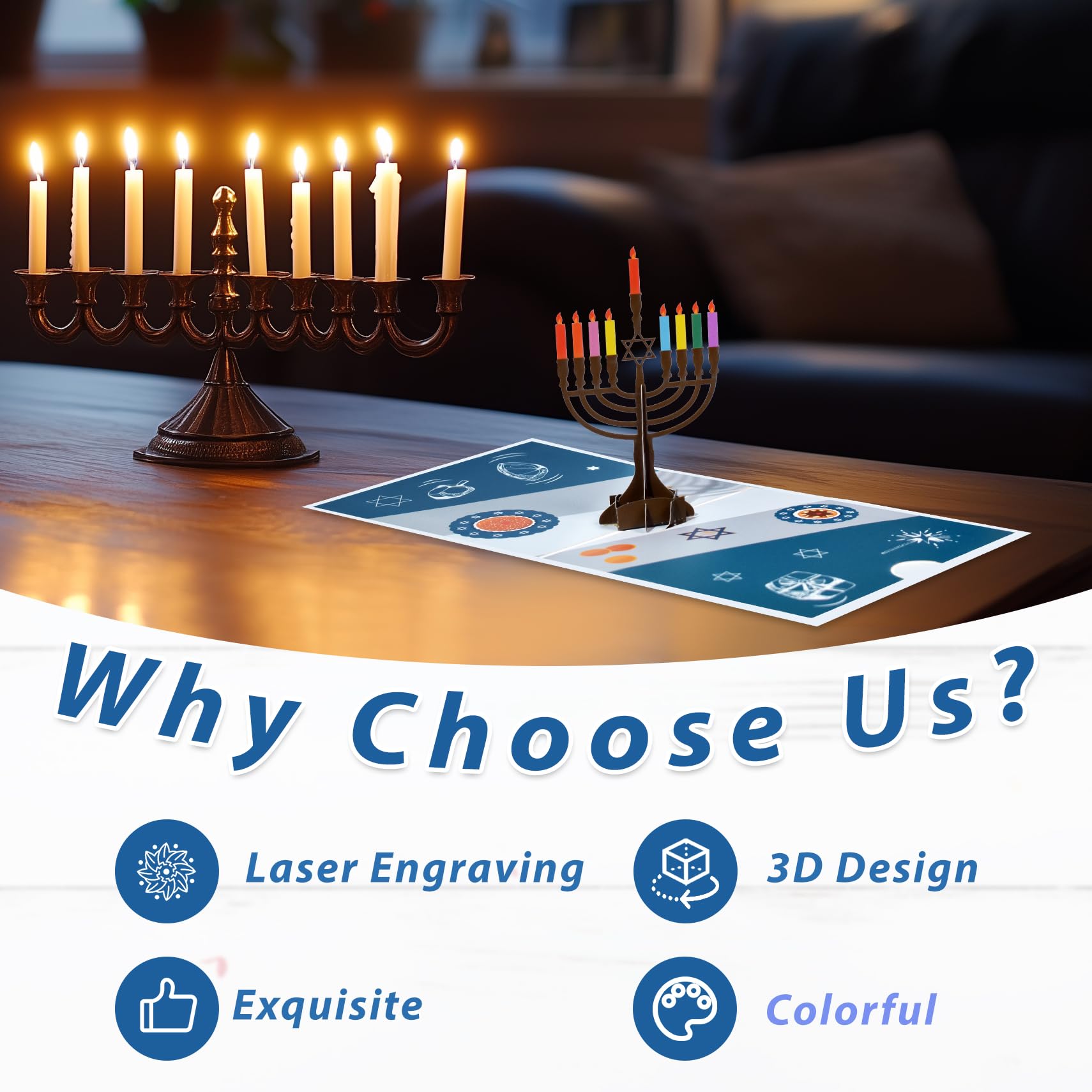 GREETING ART 3D Menorah Lights Pop Up Hanukkah Card - Religious Jewish Holiday Greeting Card with Envelope & Blank Note (5.9x5.9 Inch) - Perfect for Chanukah Celebrations, Gift Giving & Holiday Wishes
