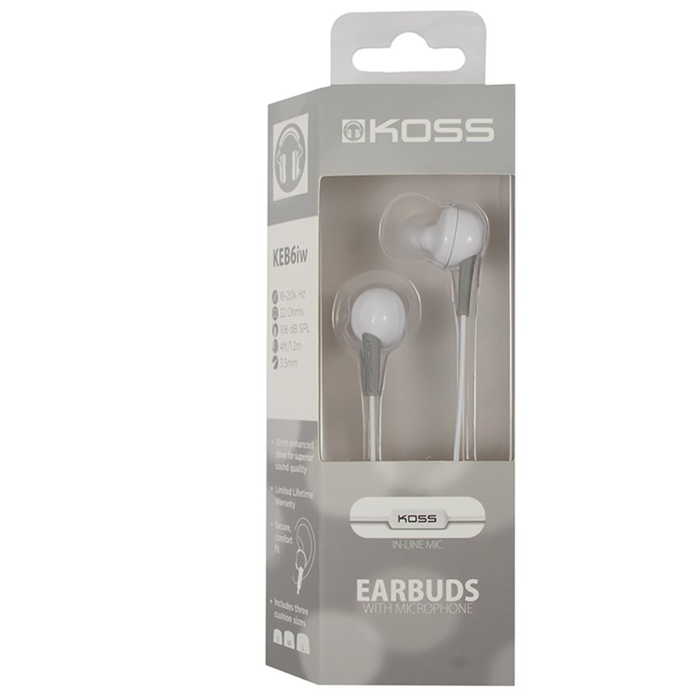 Koss 187197 Keb6i White In-Ear Headphones - Noise Isolating Earbuds for Running, Gym Workouts & Travel