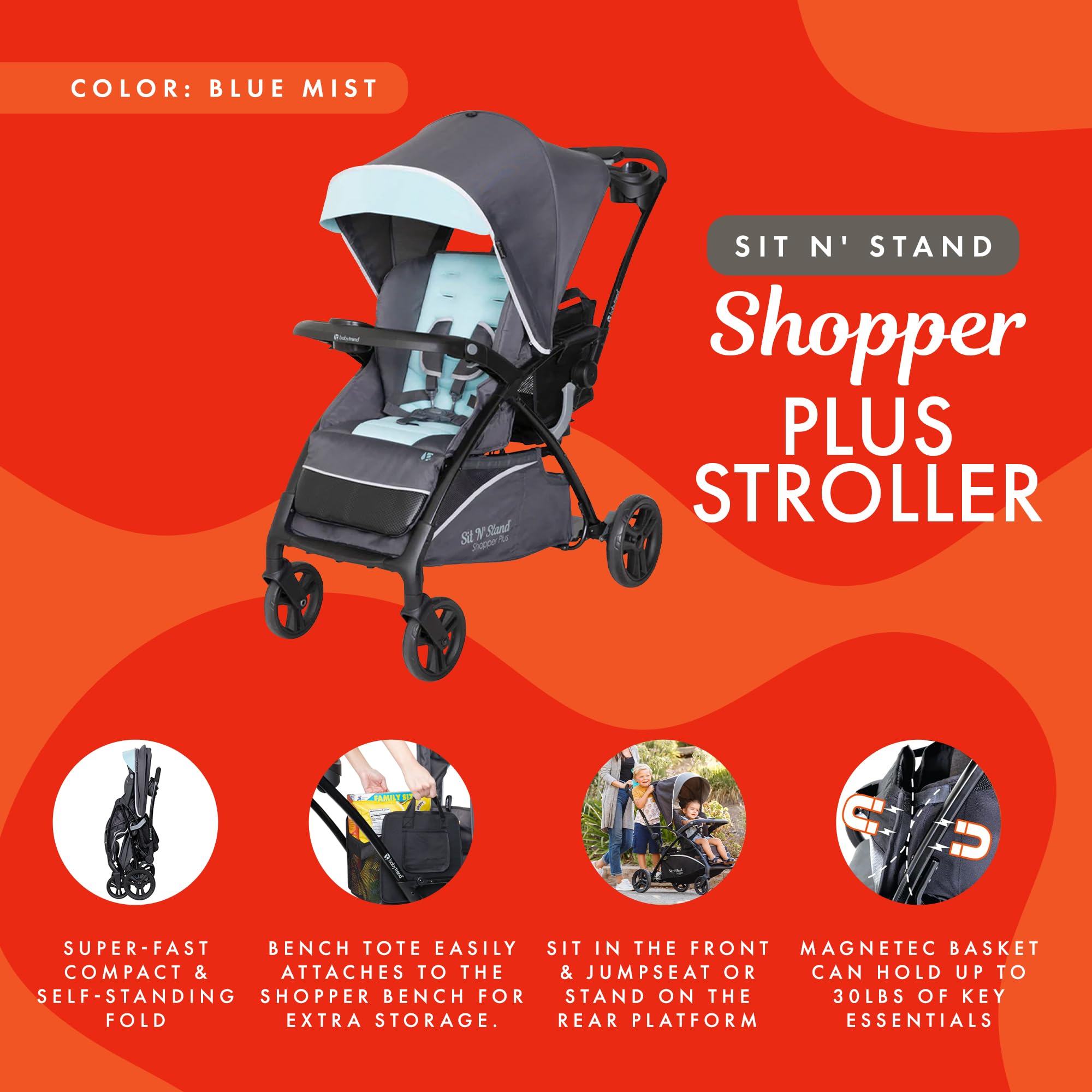 Baby Trend Sit N’ Stand® 5-in-1 Shopper Plus Stroller - Lightweight Convertible Double Stroller with Adjustable Seat & Canopy, Blue Mist | Perfect for Twins, Siblings & Shopping Trips