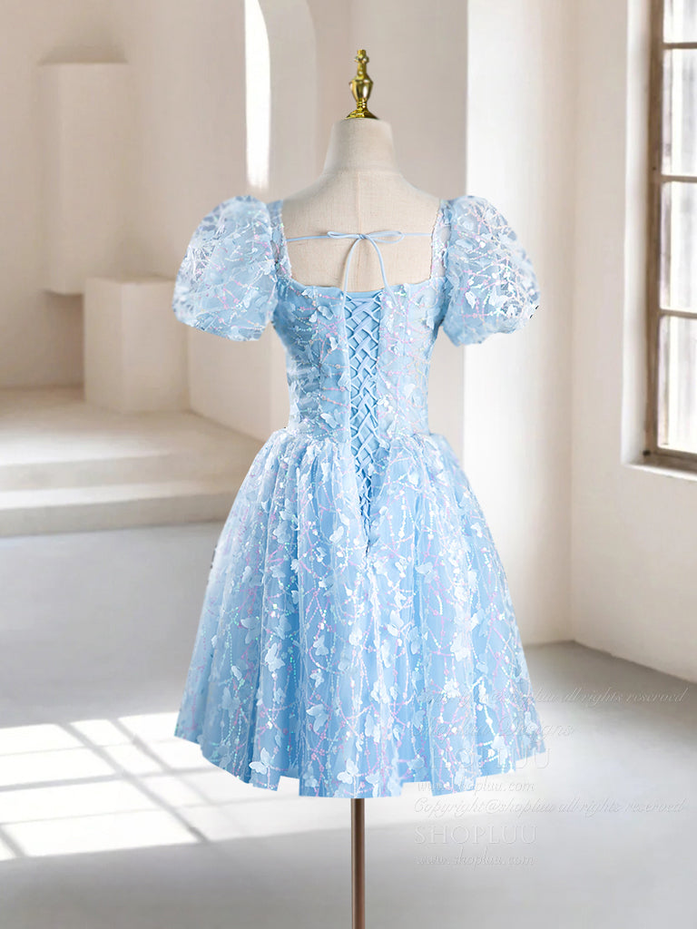 Elegant A-Line Puff Sleeves Tulle Lace Blue Short Prom Dress | Homecoming Party Dress | Perfect for Prom Night, Quinceañera & Special Occasions