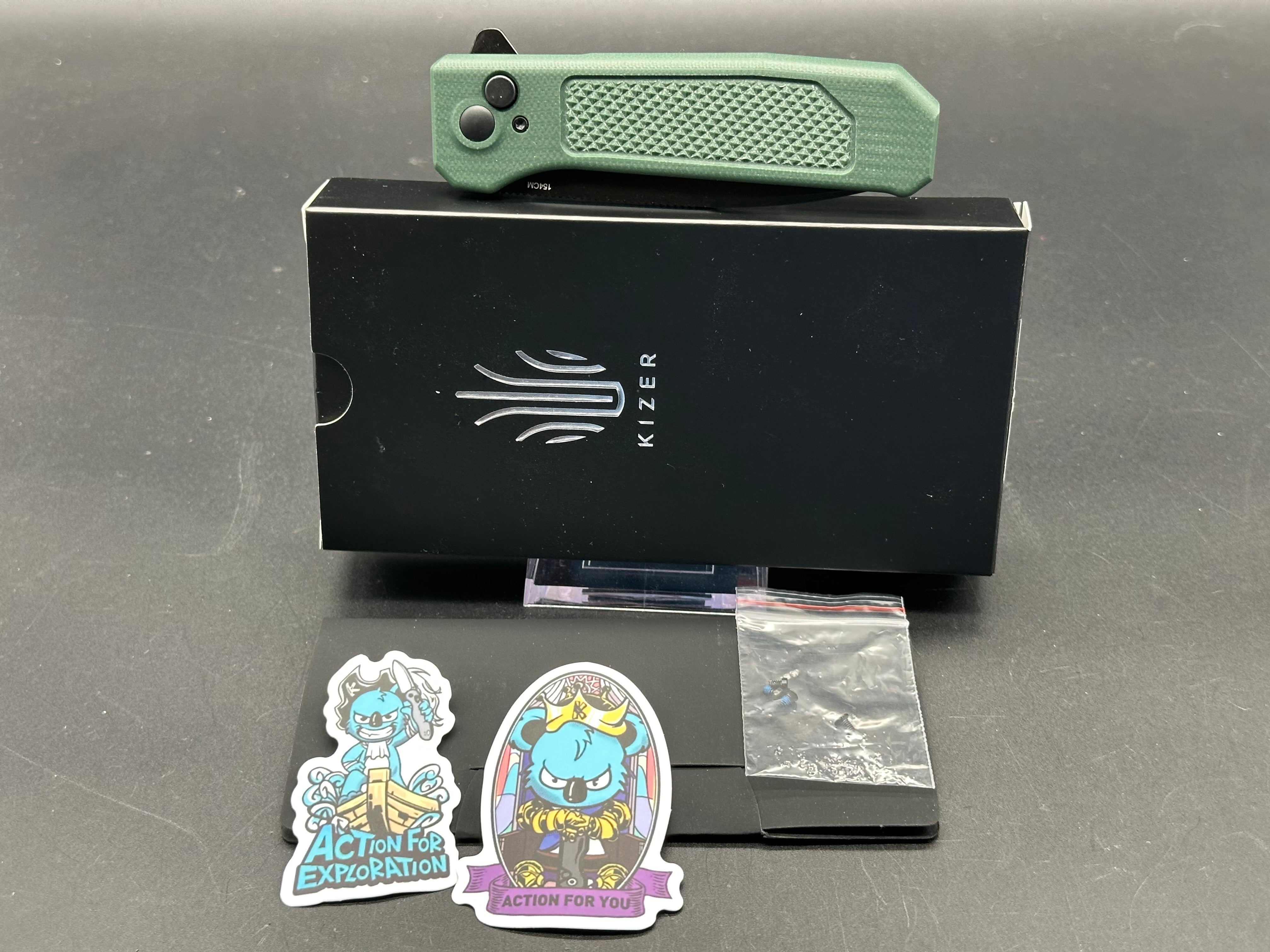 KIZER BRAT Button Lock Folding Knife - Green G10 Handle, 154CM Drop Point Plain Edge - EDC, Camping, Outdoor Survival & Everyday Carry Knife