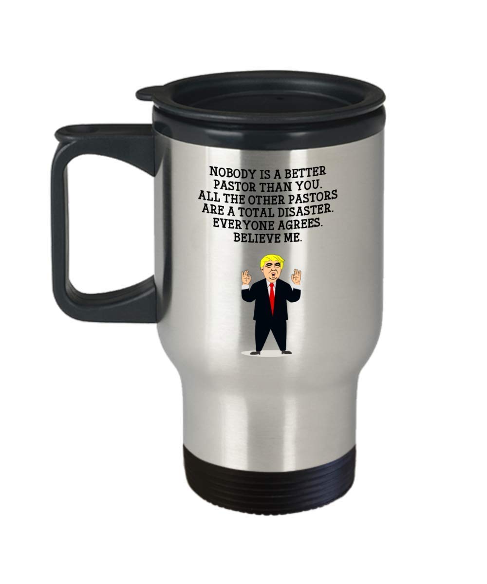 Pastor Trump Head Travel Mug - 14 oz Insulated Stainless Steel Tumbler with Lid & Straw, Funny Novelty Coffee Cup for Office, Car Commute & Outdoor Adventures