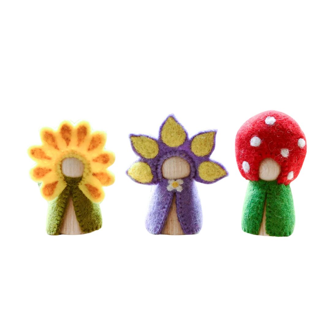 Floral Peg Dolls Set - Sunflower, Iris & Toadstool Wooden Figures | Perfect for Nursery Decor, Kids Room, and Waldorf Play