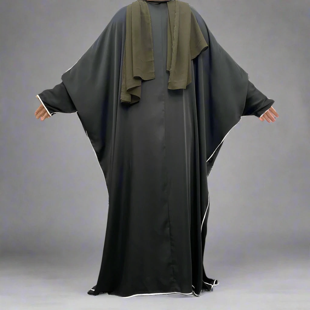 Elegant Batwing Sleeve Satin Cardigan Open Farasha Abaya Dress for Muslim Women - Perfect for Prayer, Weddings & Special Occasions