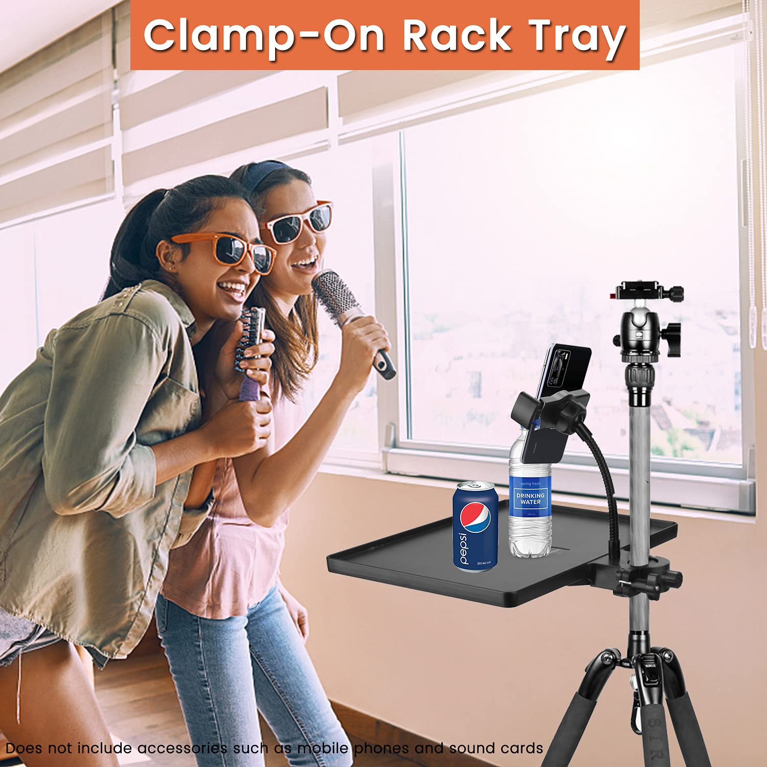 Universal Phone Holder & Microphone Stand Tray - Adjustable Clamp-On Rack for Cell Phones & Music Sheets | Compatible with Most Mic Stands | Perfect for Live Streaming, Karaoke, Recording, YouTube Videos & Podcasting
