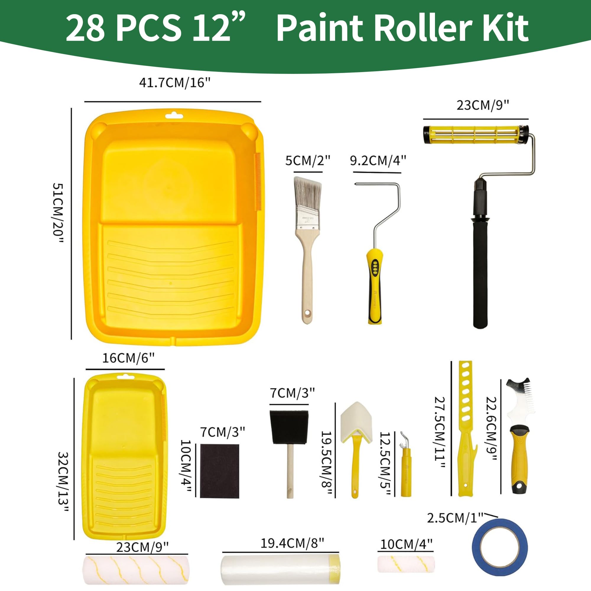 VOOMEY 28-Piece Professional Paint Roller Kit - 9-Inch Roller with Extension Pole, Small Roller, Covers, Tray & Brushes - Perfect for Interior Walls, Ceilings & DIY Home Painting Projects