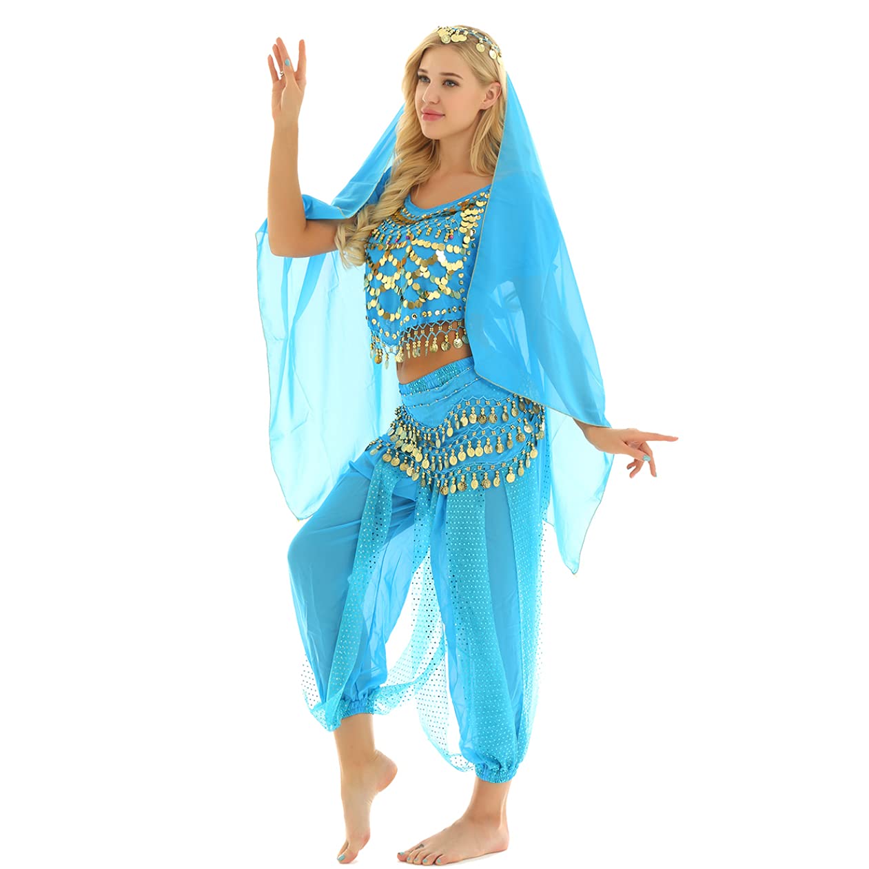 4Pcs Women's Halloween Belly Dance Costume Set - Indian Dance Outfit Fancy Dress for Halloween Parties, Performances & Cultural Events