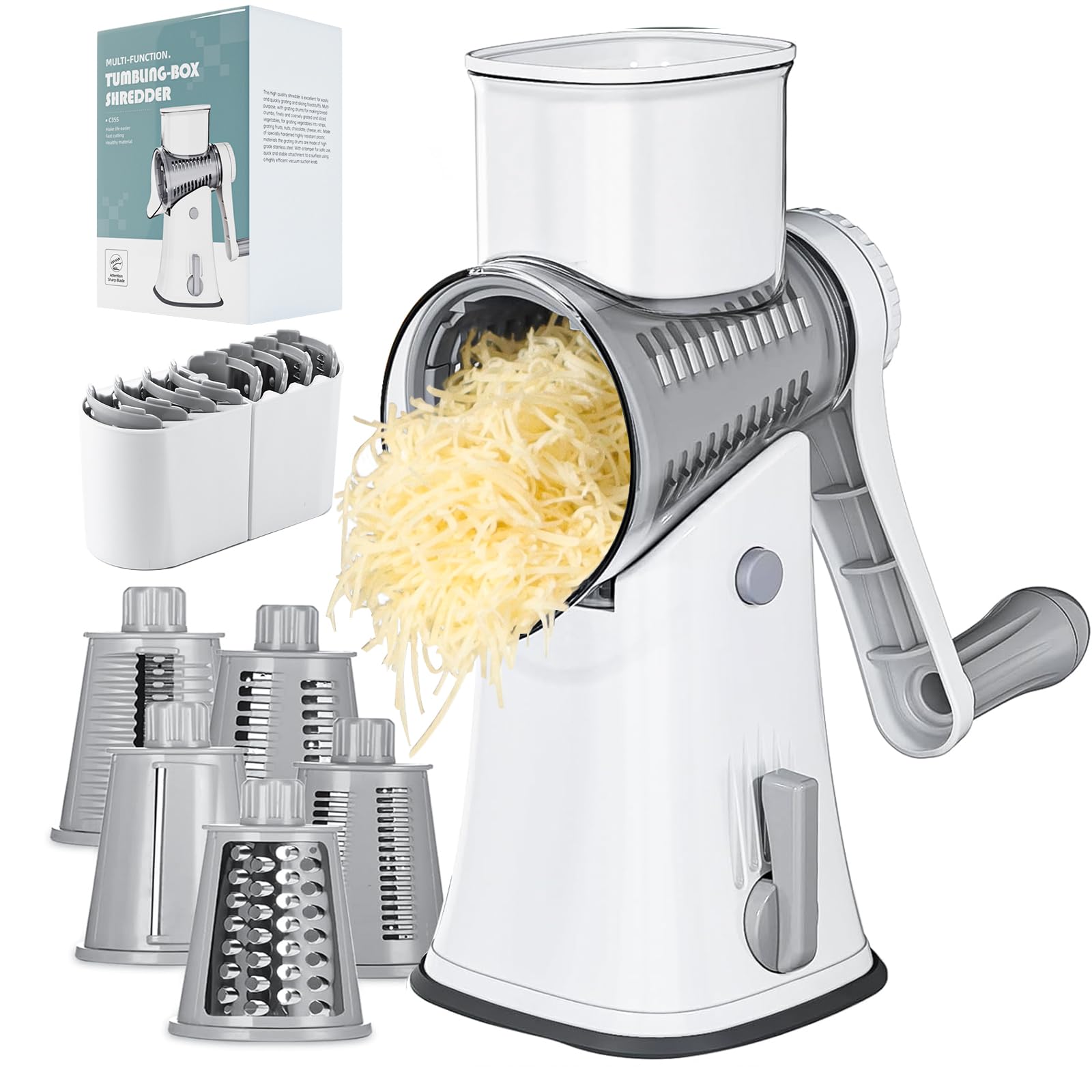 5-in-1 Rotary Cheese Grater Shredder - Manual Kitchen Mandolin Slicer for Cheese, Vegetables, Nuts & More | Perfect for Grating Parmesan, Shredding Carrots, Slicing Cucumbers & Making Hash Browns | Ideal for Home Cooking, Meal Prep & Salad Making