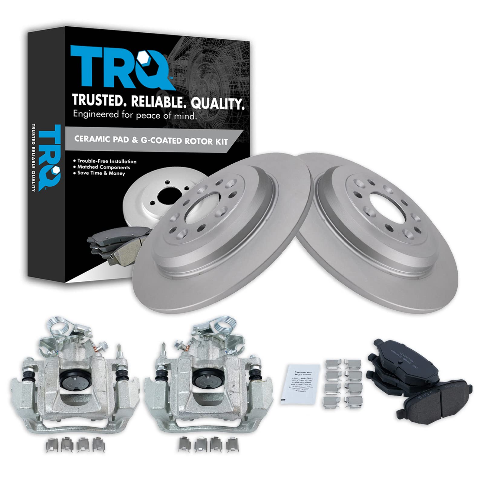 Premium TRQ Ceramic G-Coated Rear Brake Pad & Rotor Kit with Caliper - Compatible with 2011-2014 Ford Edge & 2011-2015 Lincoln MKX - Smooth Stopping Power for City Driving & Highway Commutes