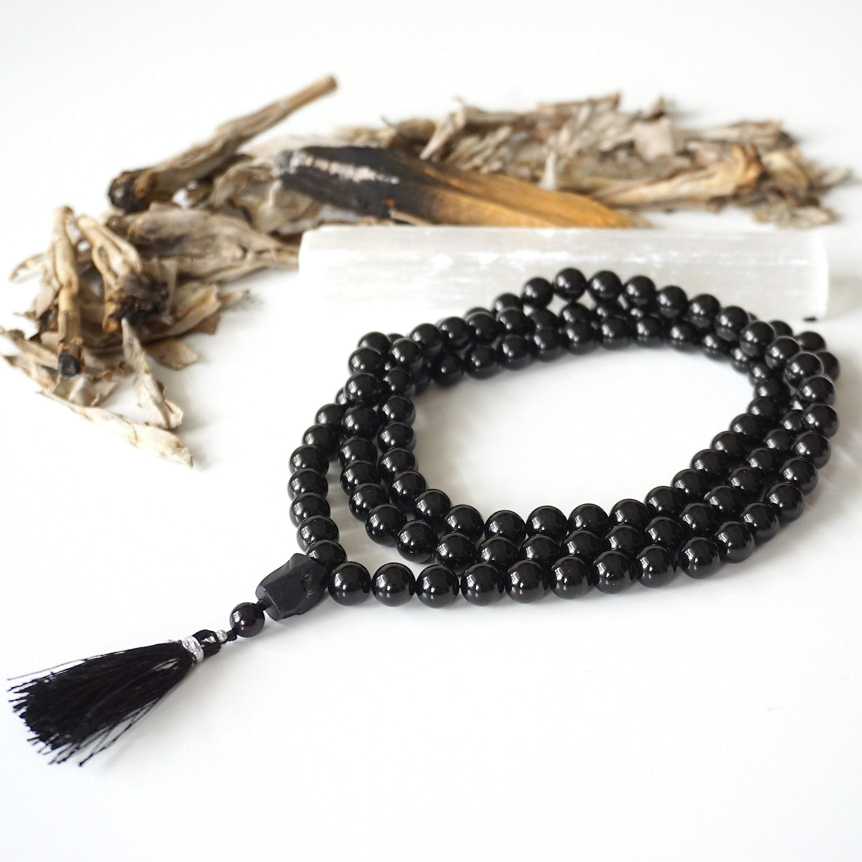 Black Tourmaline Mala Necklace - 108 Beads Spiritual Buddhist Meditation Prayer Necklace for Protection, Stress Relief & Positive Energy | Perfect for Yoga, Mindfulness & Chakra Balancing