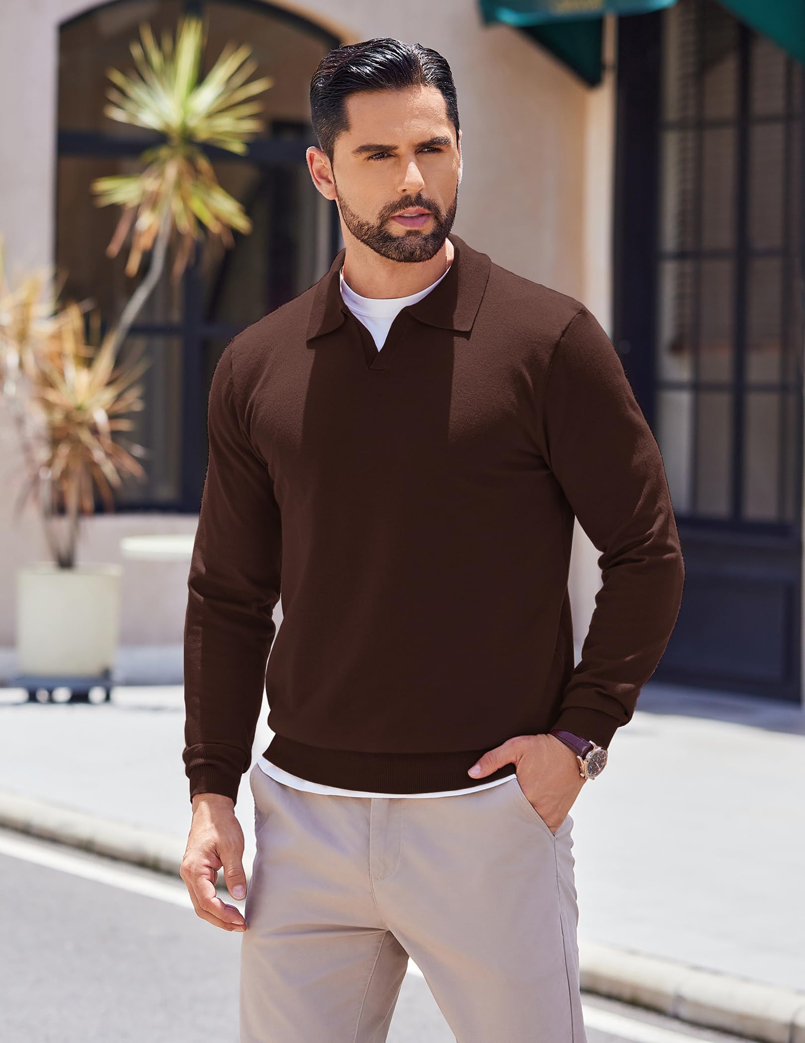 COOFANDY Men's Lightweight Ribbed Knit Polo Sweater - Long Sleeve Pullover Shirt for Casual Wear & Office Outfits