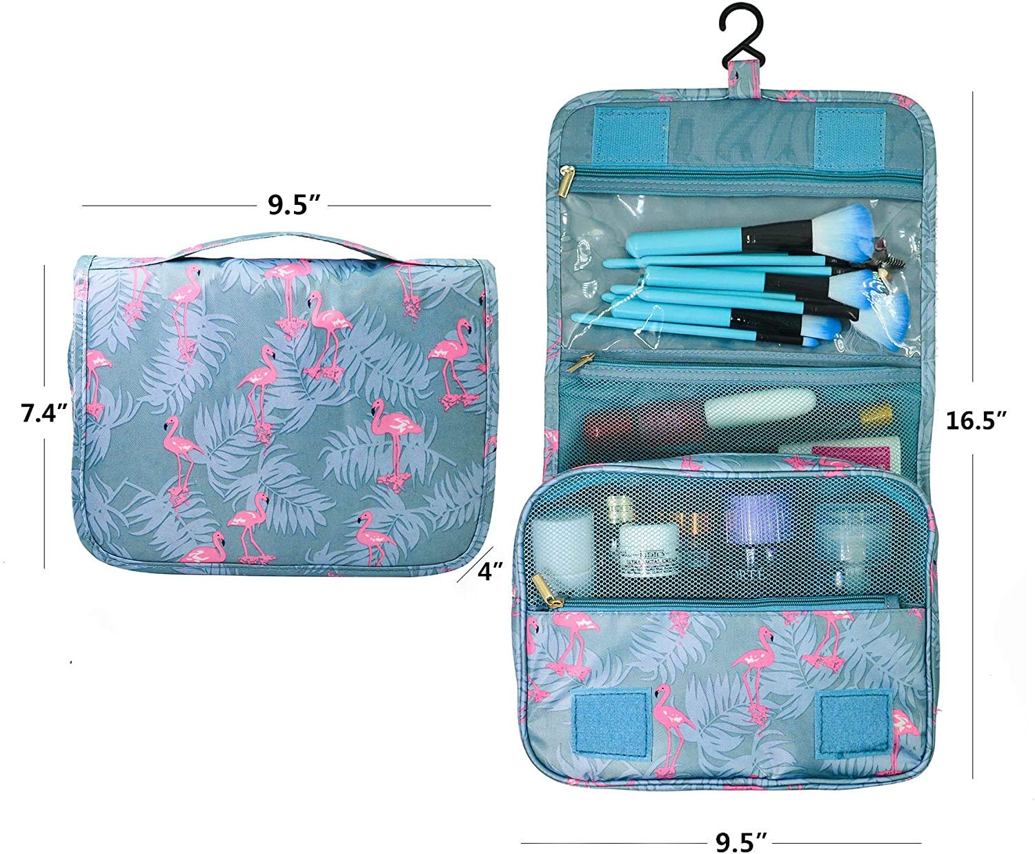 Trawila Travel Hanging Toiletry Bag for Men & Women - Waterproof Cosmetic Organizer with Sturdy Hook, Light Blue Flamingo Design - Perfect for Camping, Gym, Business Trips & Vacation