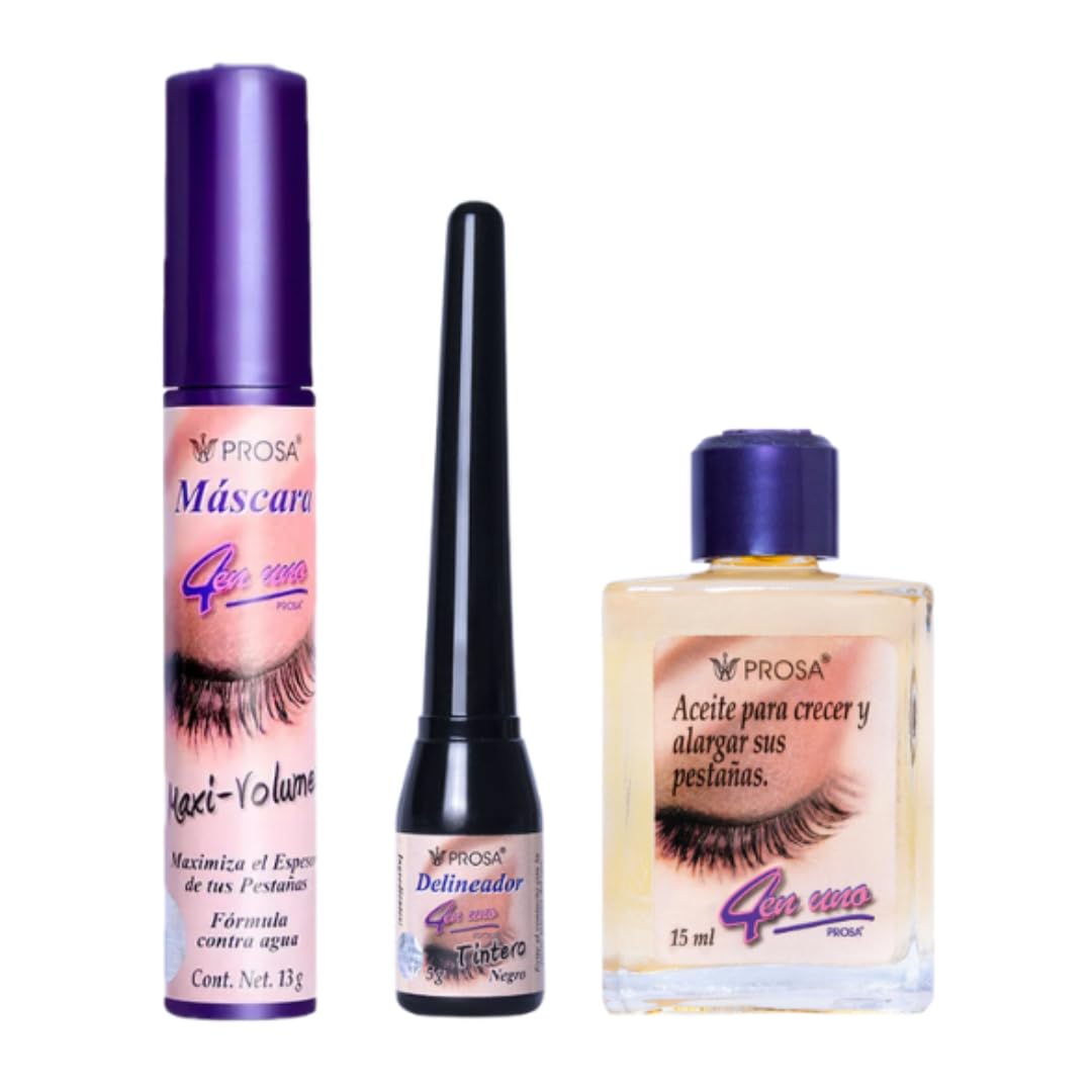 Prossa Maxi-Volume Beauty Bundle - 3-in-1 Mascara, Eyeliner & Lash Growth Oil Set for Long Lashes | Perfect for Daily Makeup & Nighttime Lash Care Routine