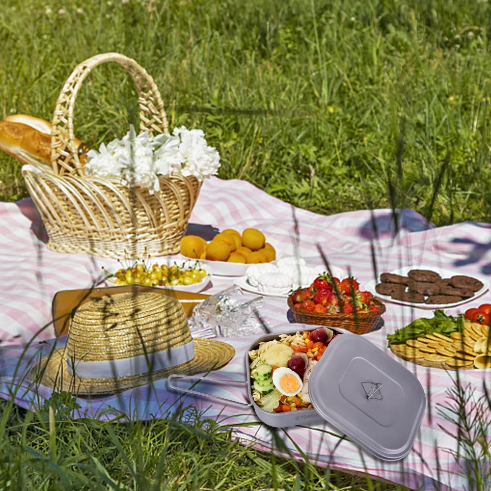 Premium Titanium Lunch Box - Lightweight & Durable Camping Bento Box with Foldable Handle & Secure Lid - Perfect for Outdoor Cooking, Camping, Hiking, Backpacking & Picnics - Ideal for Meal Prep, Office Lunch & Travel Food Storage