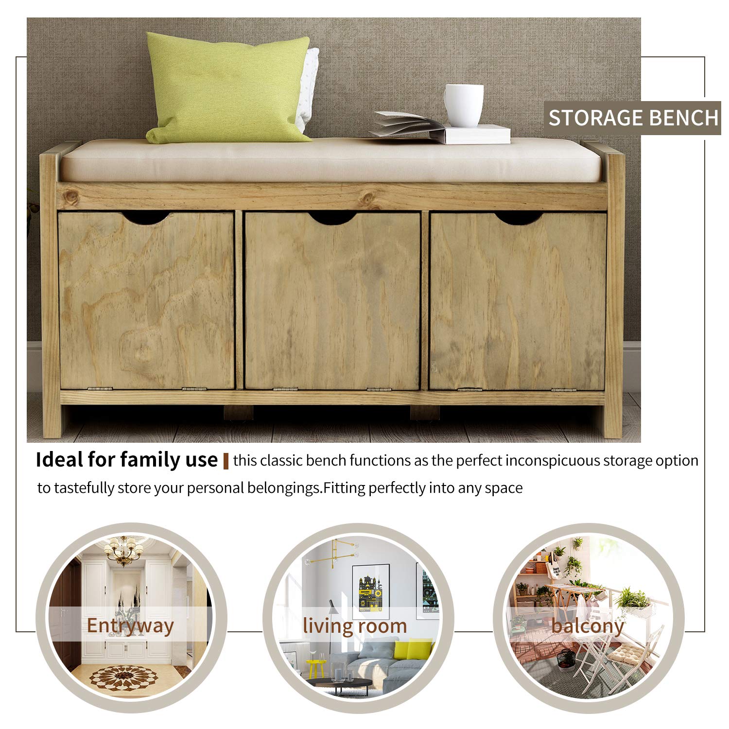 Wooden Storage Bench with Removable Cushion & 3 Flip-Lock Compartments - Entryway Bench, Hallway Seating, Living Room Storage - Perfect for Small Spaces & Home Organization