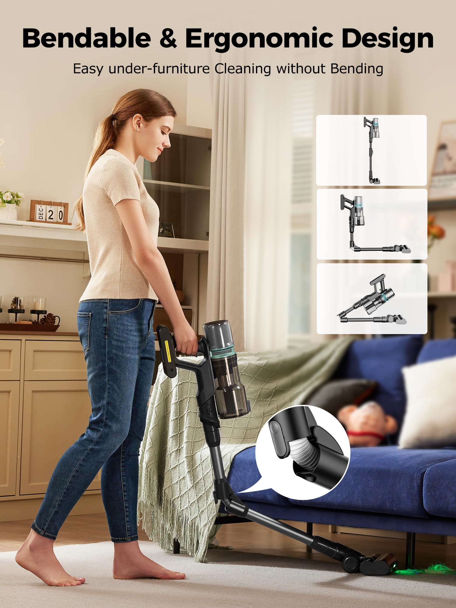 Proscenic P16 Cordless Stick Vacuum Cleaner - 550W 45KPA Powerful Suction, 55 Min Runtime, 180° Bendable Wand, Green LED & Tangle-Free Brush - Lightweight Rechargeable Vacuum for Home, Pet Hair (Grey) | Perfect for Hard Floors, Carpets & Pet Owners