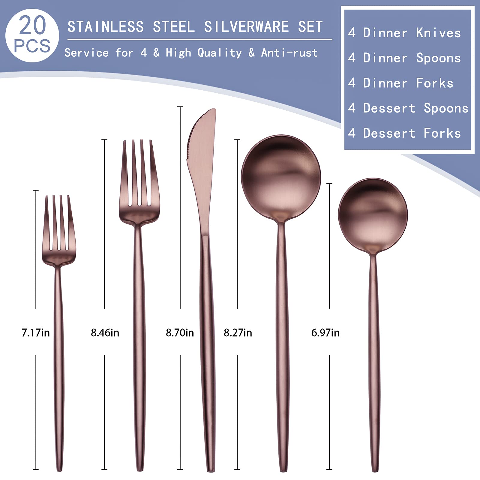 20-Piece Matte Rose Gold Flatware Set - 18/10 Stainless Steel Silverware for Kitchen & Restaurant - Includes Knife, Fork & Spoon - Elegant Cutlery Service for 4 - Perfect for Dinner Parties, Weddings & Home Dining