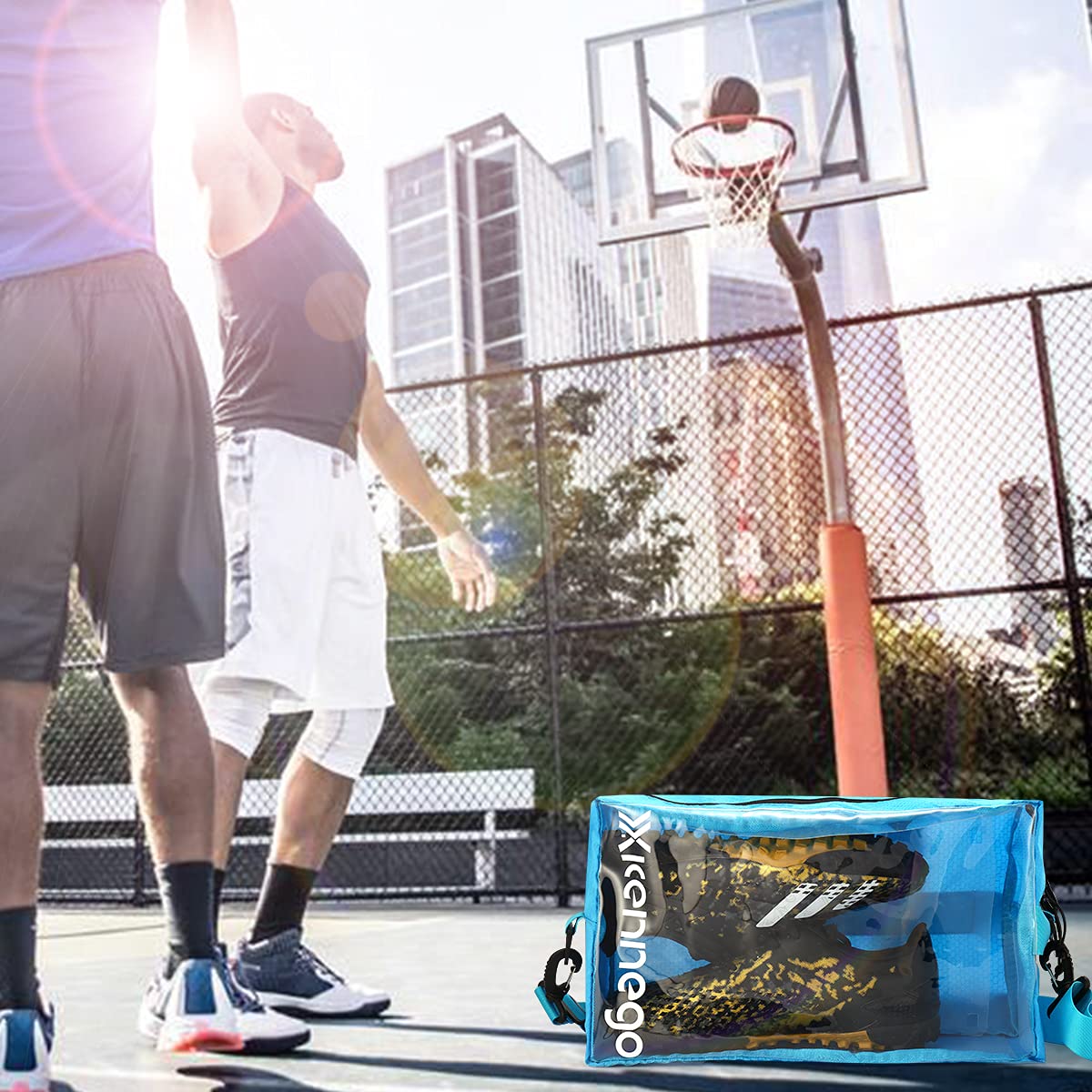 Xicennego Portable Basketball Shoe Bag with Zipper - Waterproof Sneaker Storage Organizer - Foldable Shoe Box for Travel & Gym - Durable PU Shoe Pouch for Men & Women (Blue) - Perfect for Sports, Travel, and Daily Shoe Protection