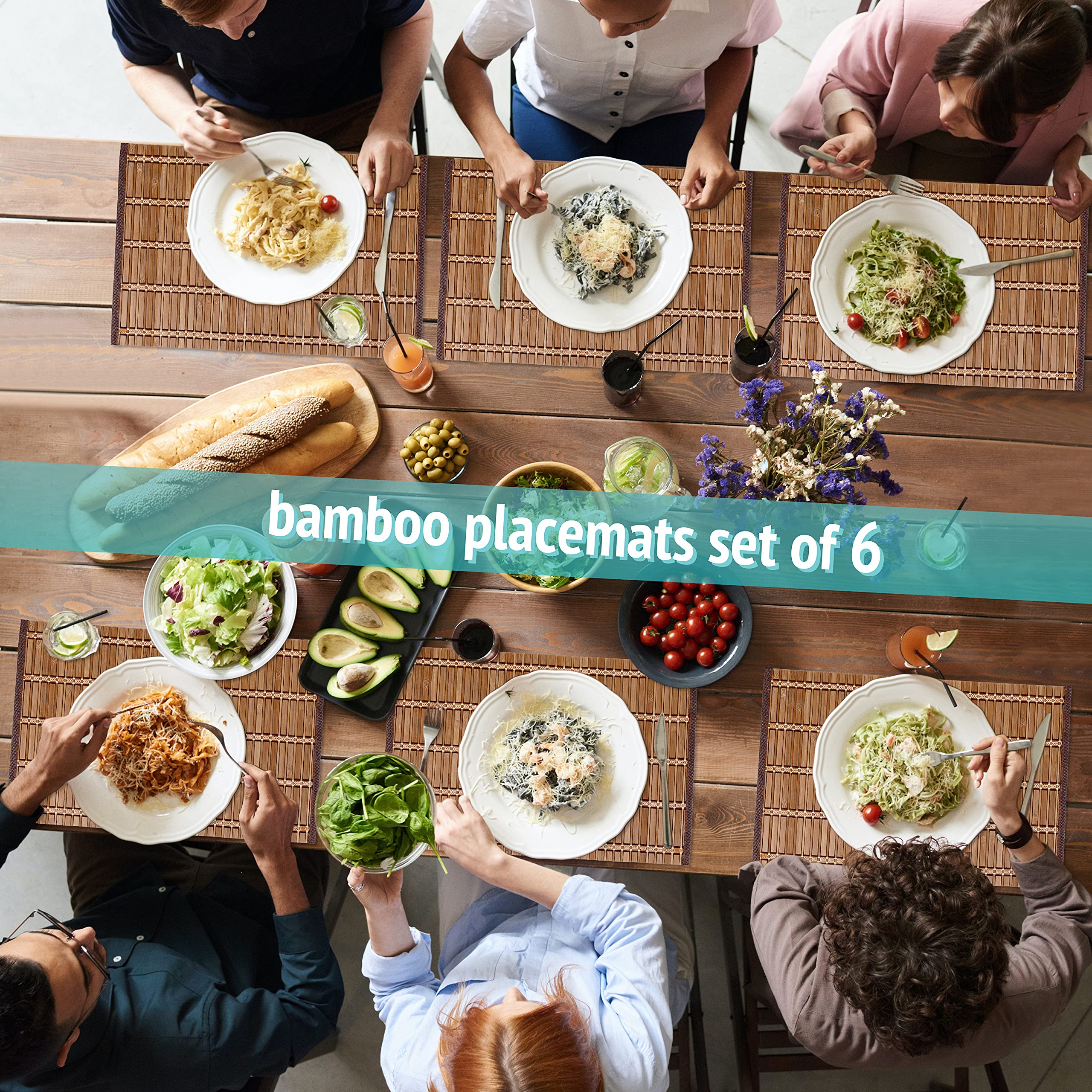 LAGOM HOUSE Set of 6 Natural Bamboo Placemats - Rustic Wooden Table Mats for Dining & Kitchen Protection - Eco-Friendly Modern Tableware for Everyday Meals, Dinner Parties & Home Decor