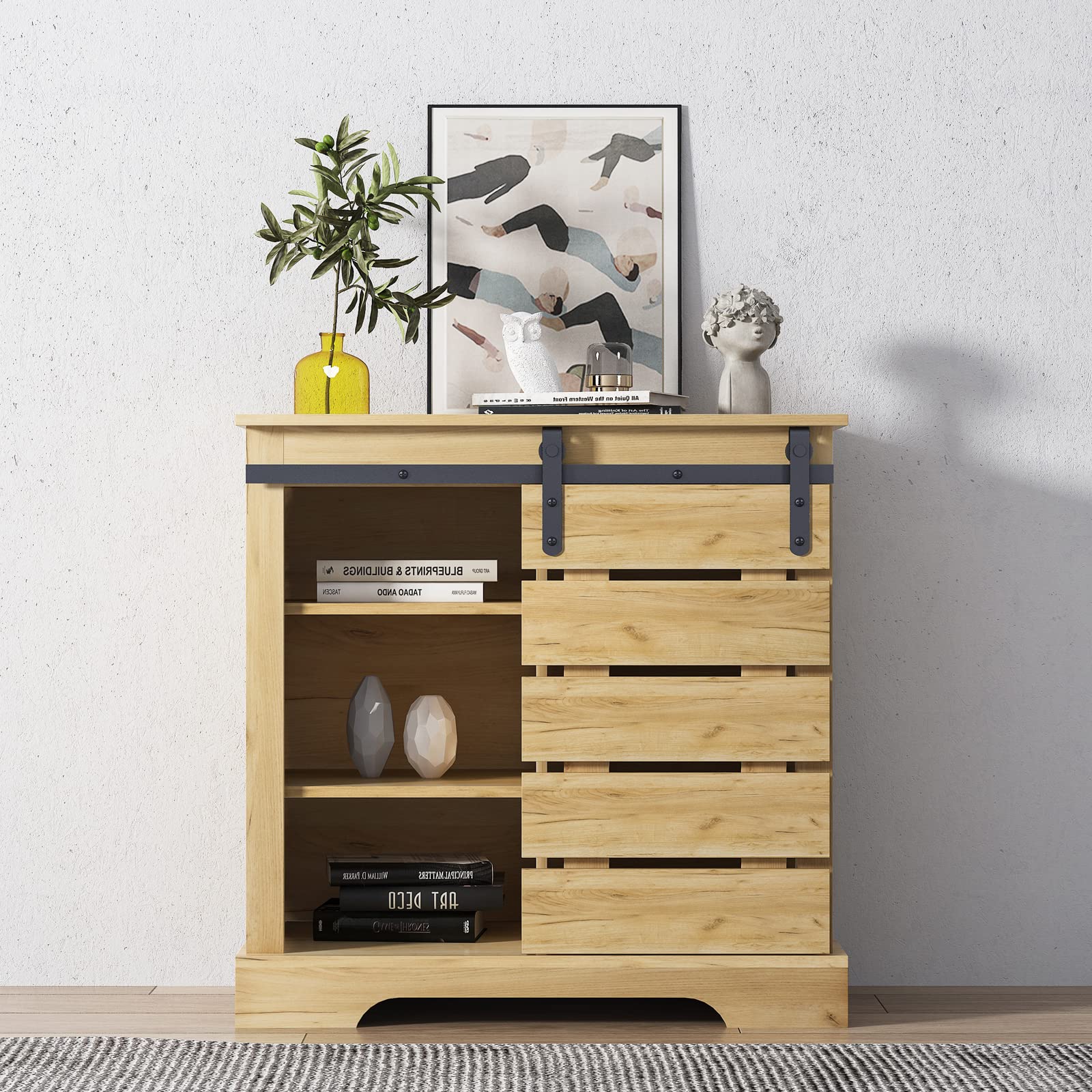 Modern Farmhouse Sliding Door Storage Cabinet - Coffee Bar & Buffet Sideboard with Adjustable Shelves for Living Room, Kitchen, Entryway - Rustic Brown Cupboard for Home Organization & Stylish Storage