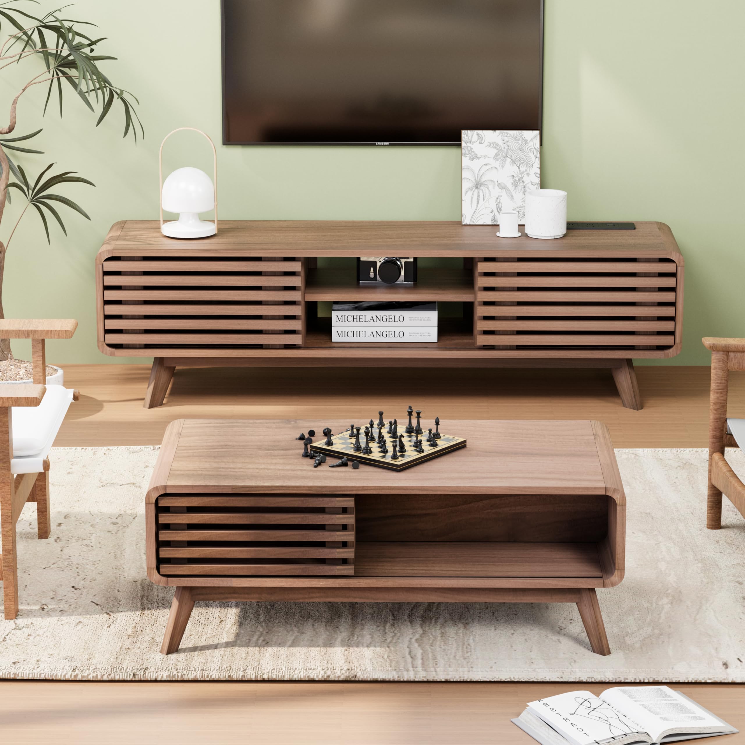 Modern TV Stand for Living Room - Large Entertainment Center with Slatted Sliding Doors, Open Shelves & Built-in Power Outlet - Rustic Reddish Brown Media Console Cabinet - Perfect for Home Theater Setup & Living Room Organization