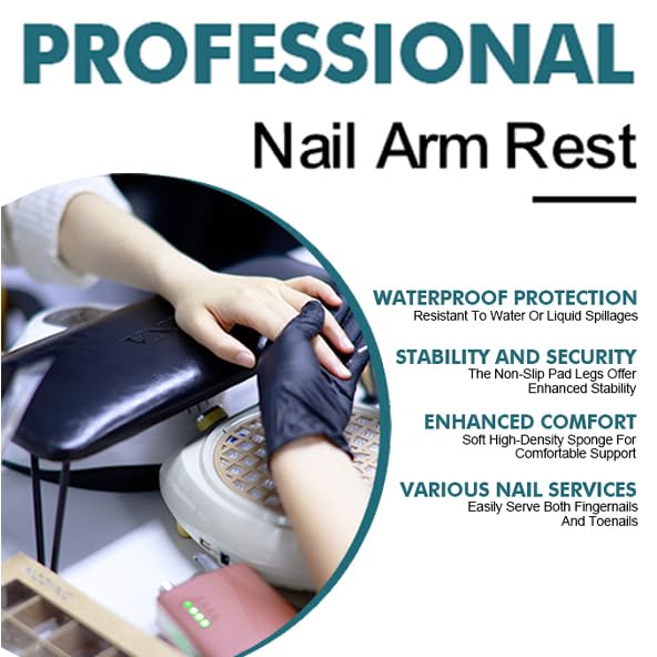 Ergonomic Detachable PU Leather Nail Arm Rest for Professional Manicurists - Black Hand Rest Stand for Salon & Home Manicure - Perfect for Gel Polish, Acrylic Nails & Nail Art Application
