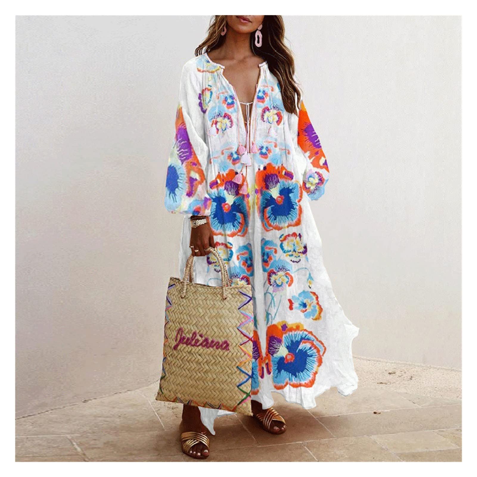 Vintage Floral Print Tassel Dress for Women - Lantern Long Sleeve V-Neck Loose Party Maxi Dress (XXXL) - Perfect for Weddings, Cocktail Parties & Special Occasions