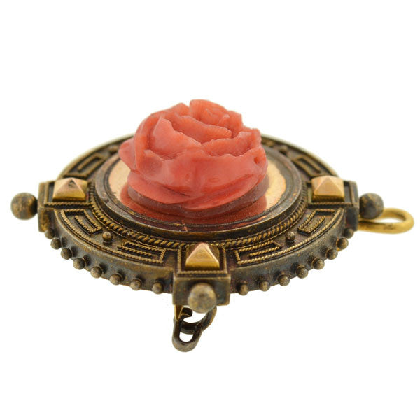 18K Gold Victorian Style Carved Coral Rose Earrings & Brooch Pendant Set – Elegant Antique Jewelry for Weddings, Parties & Special Occasions