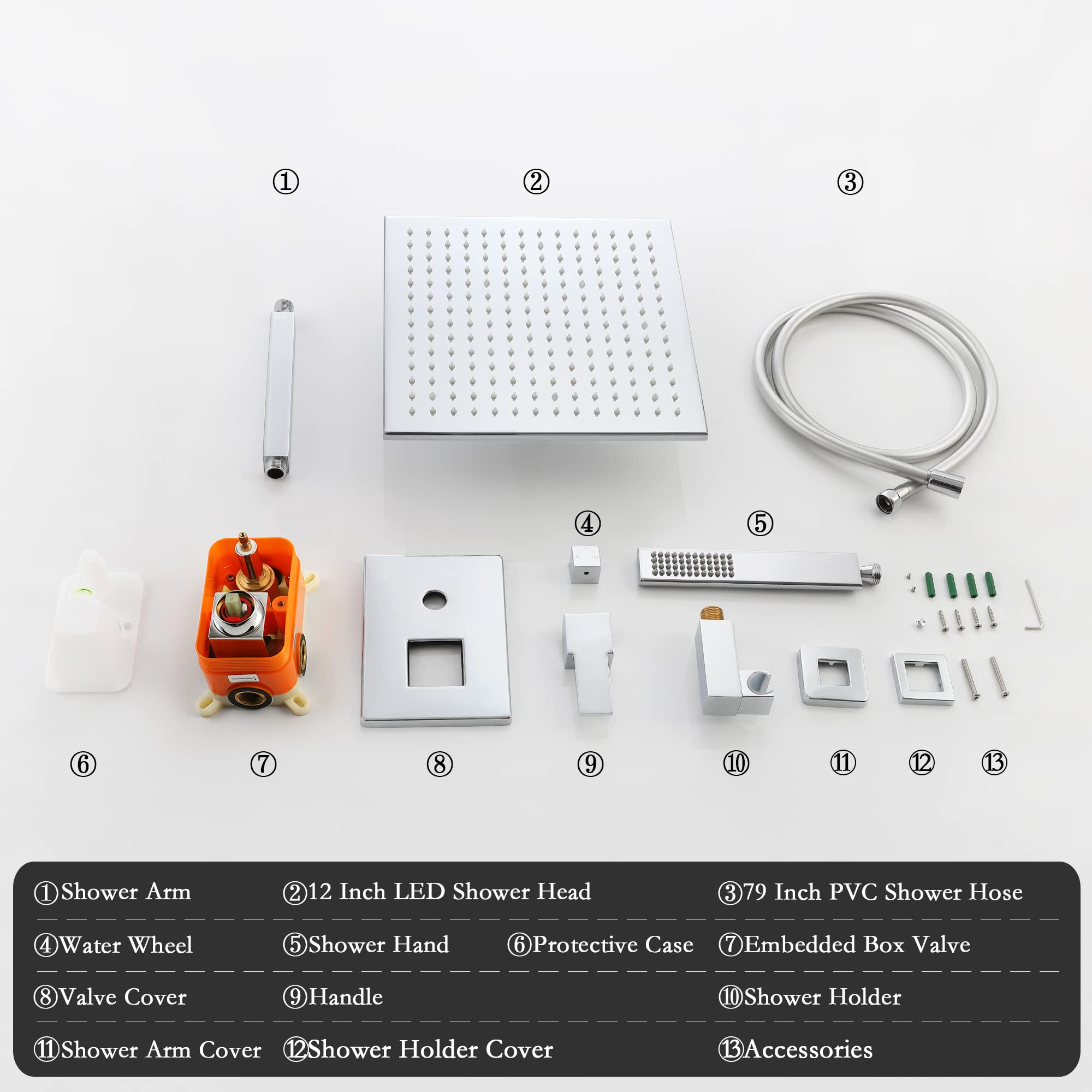 Skowll Chrome Shower Faucet Set - 12 Inch Rainfall LED Shower Head with 2 Function Valve Kit for Modern Bathroom | Perfect for Spa-Like Experience & Water Saving