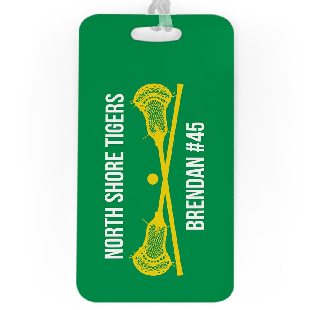 Personalized Guys Lacrosse Luggage Tag with Crossed Lax Sticks - Large Green & Yellow Bag Tag for Travel & Sports Gear | Perfect for Lacrosse Players, Fans & Team Travel Accessories