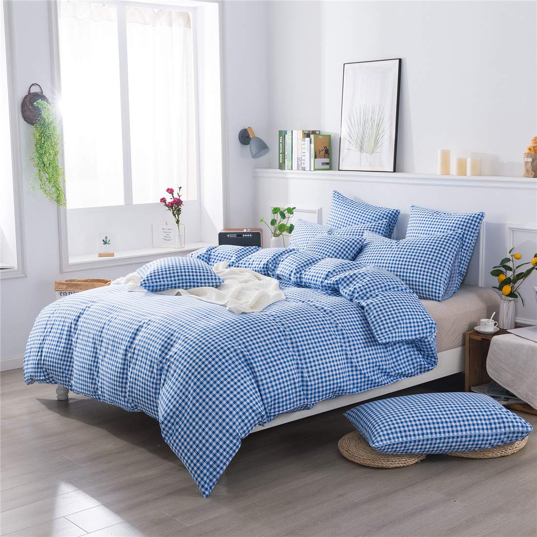 FADFAY Blue Grid Duvet Cover Set Queen Size - 100% Cotton Ultra Soft Reversible Plaid Bedding with Zipper Closure | 3-Piece Set (1 Duvet Cover + 2 Pillowcases) | Geometric Checker Design for Cozy Bedroom Decor | Perfect for Guest Rooms, Dorms & Master Bedrooms