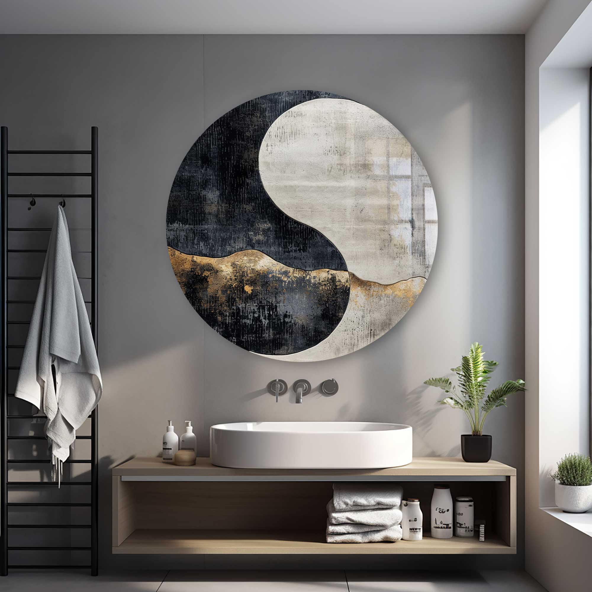 Yin Yang Round Glass Wall Art - Modern Home Decor for Living Room, Bedroom & Office