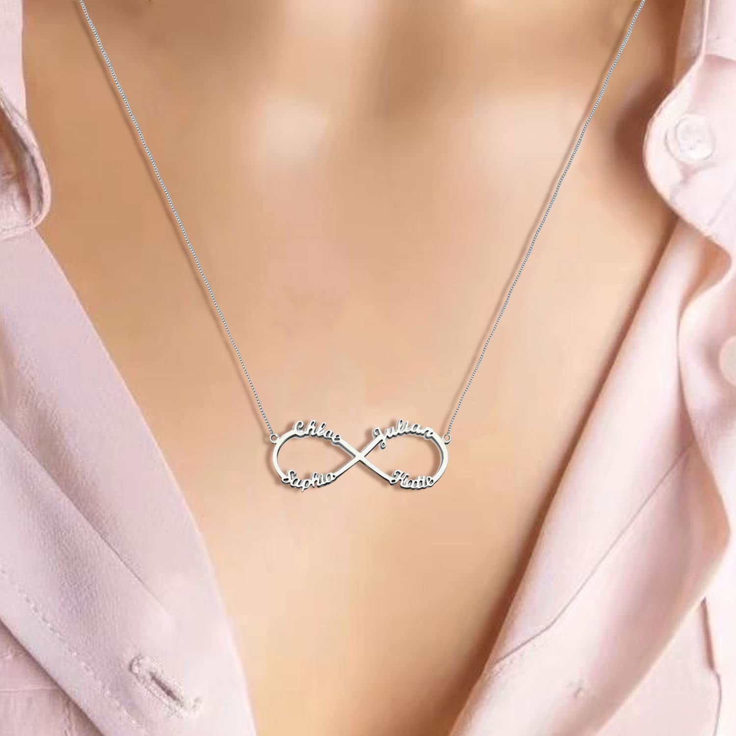925 Sterling Silver Custom Infinity Name Necklace - Personalized Family Jewelry with 4 Names - Perfect Gift for Mom, Wife, Anniversary & Special Occasions