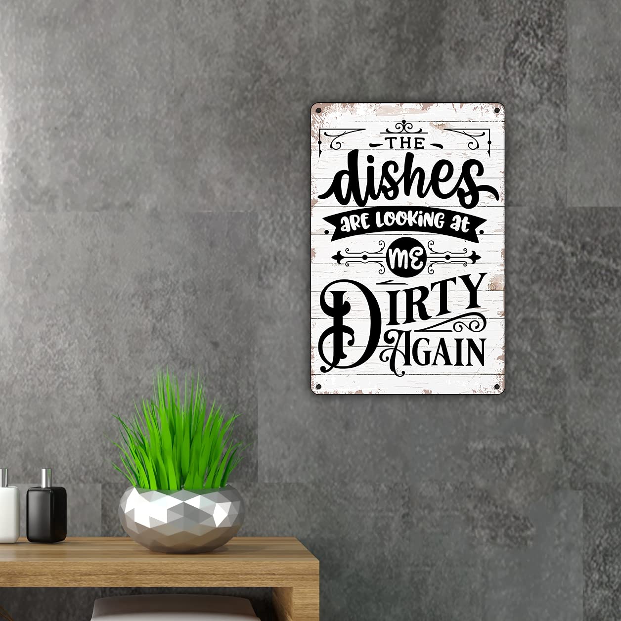 Funny Kitchen Quote Metal Tin Sign - 'The Dishes Are Looking at Me Dirty Again' Rustic Wall Decor for Home, Kitchen, or Bar, Perfect Gift for Cooking Enthusiasts
