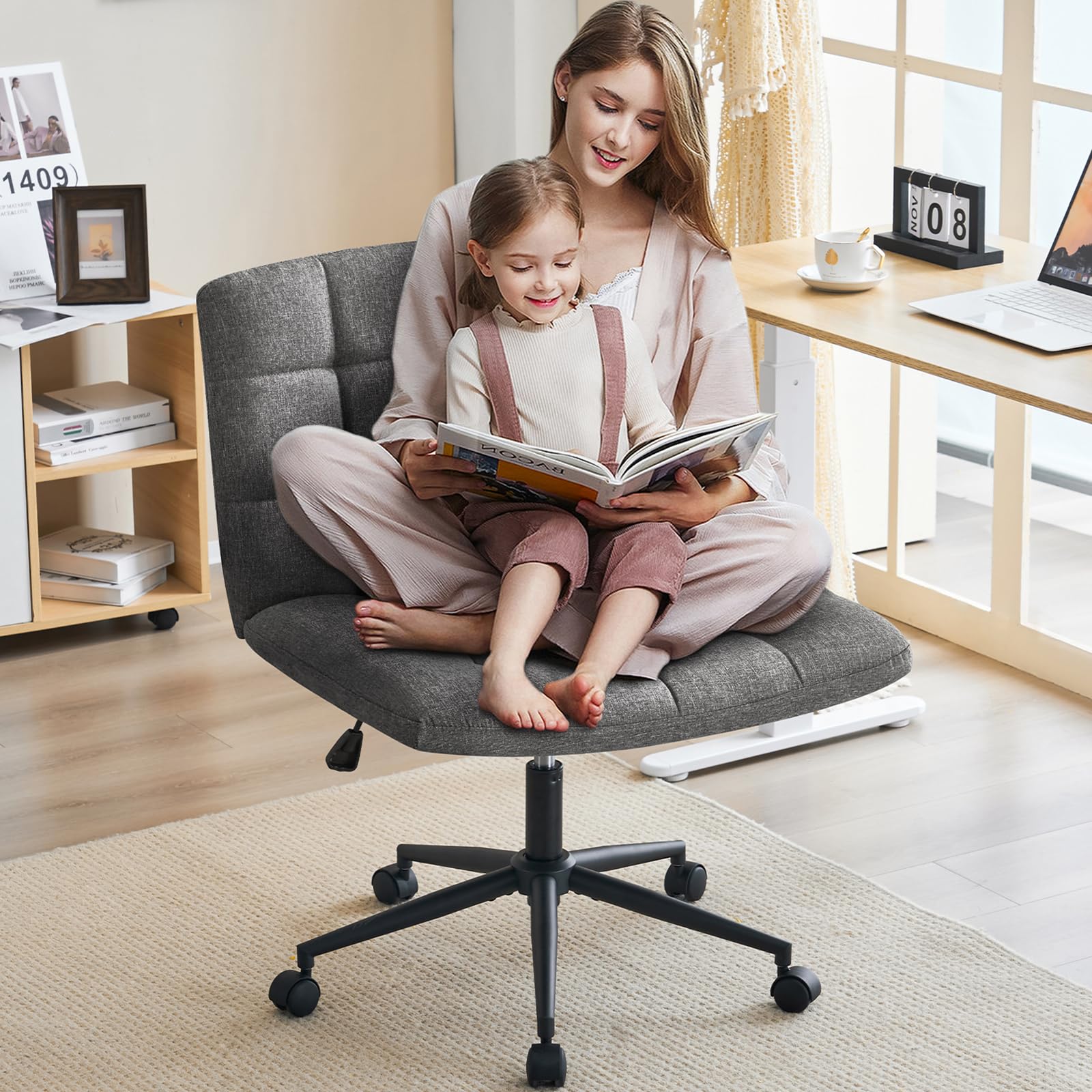 Furnimart Criss Cross Desk Chair with Wheels - 360° Swivel Wide Seat Cross Legged Office Chair with Thick Cushion, Armless Home Office Chair for Bedroom, Vanity & Study - Sturdy & Comfortable (Linen Gray) - Perfect for Small Spaces, Gaming & Remote Work