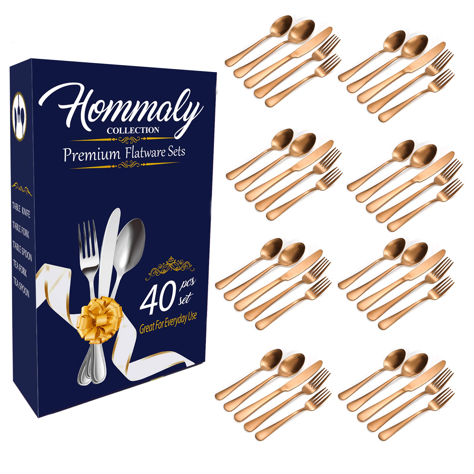 Matte Rose Gold Flatware Set - 40-Piece Stainless Steel Silverware Set for 8, Elegant Tableware Cutlery with Matte Finish - Dishwasher Safe Kitchen Utensils for Dining, Parties & Everyday Use (Matte RG 40)
