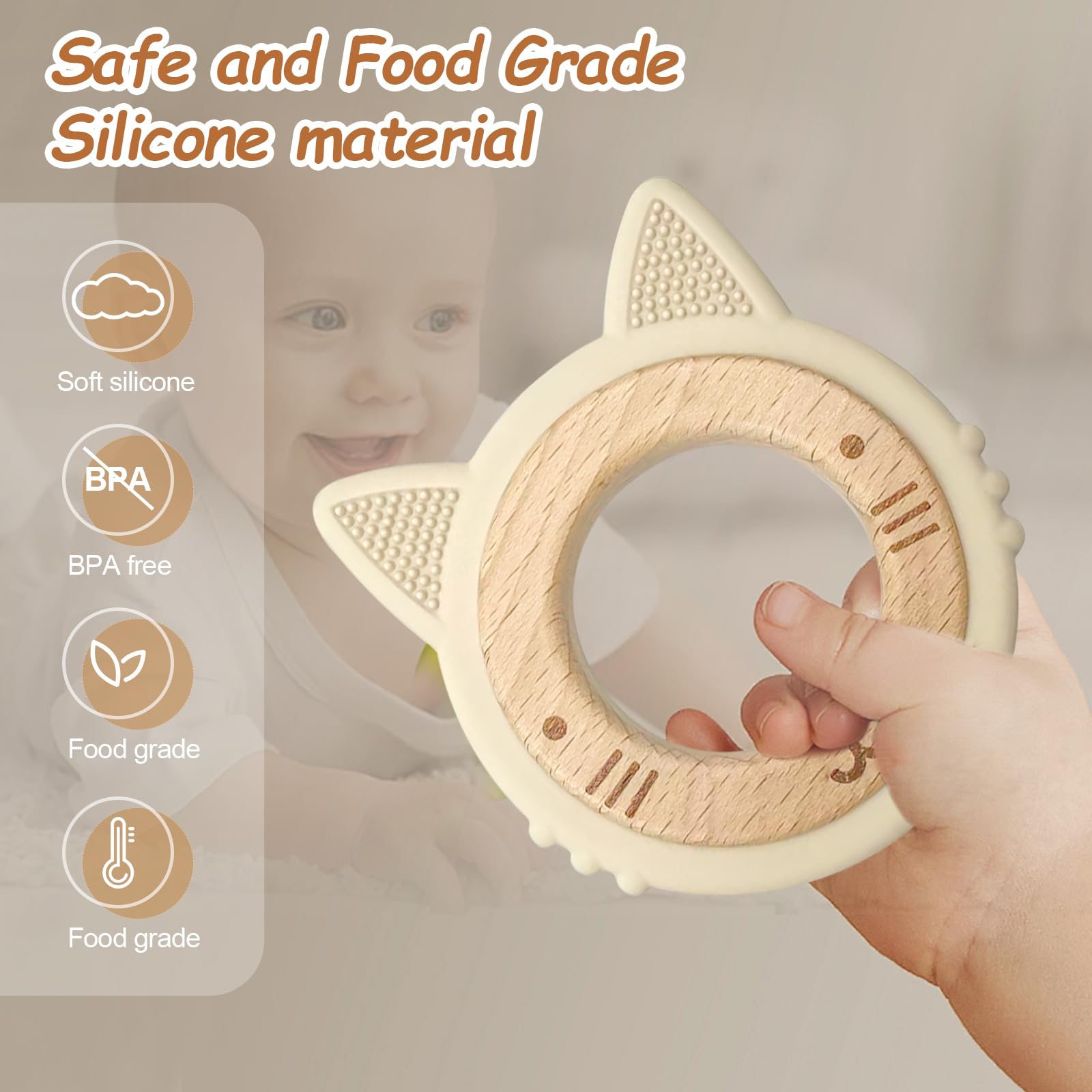 Natural Wooden Bear Silicone Teether - BPA-Free Baby Teething Toy & Grab Toy for Infants, Sustainable Wooden Gift for Newborns & Toddlers - Perfect for Soothing Sore Gums & Early Sensory Play