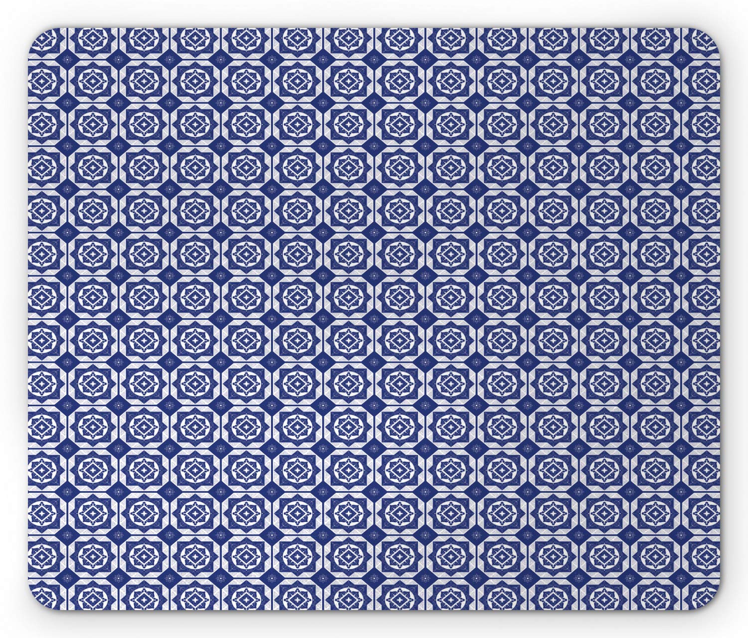 Ambesonne Dutch Delft Style Geometric Mouse Pad - Non-Slip Rubber Mousepad with Rhombus and Hexagon Holland Design, Standard Size Rectangle Computer Mouse Mat in Navy Blue & White - Perfect for Office, Gaming & Home Workspace