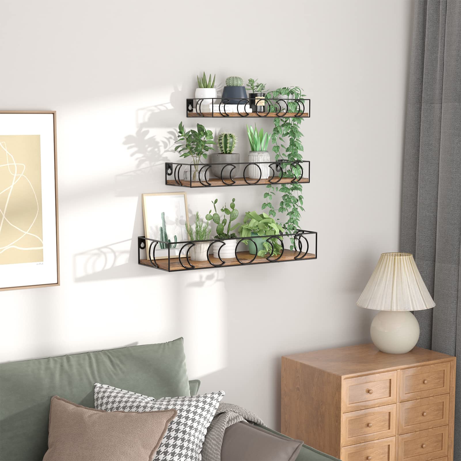PHAREGE Moon Phase Floating Shelves Set of 3 - Brown & Black Small Wall Shelves for Books, Plants & Home Decor | Crystal Figurine Display Shelf for Bedroom, Kids Room & Living Room | Space-Saving Storage Solution for Small Spaces