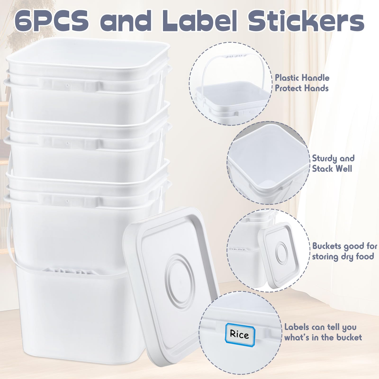 Vesici 6-Pack 5 Gallon Square Buckets with Lids & Handles - Heavy Duty Food Grade Storage Containers for Paint, Water, Art Crafts - DIY Label Sticker Included (White) - Perfect for Home, Garage, Workshop & Industrial Use