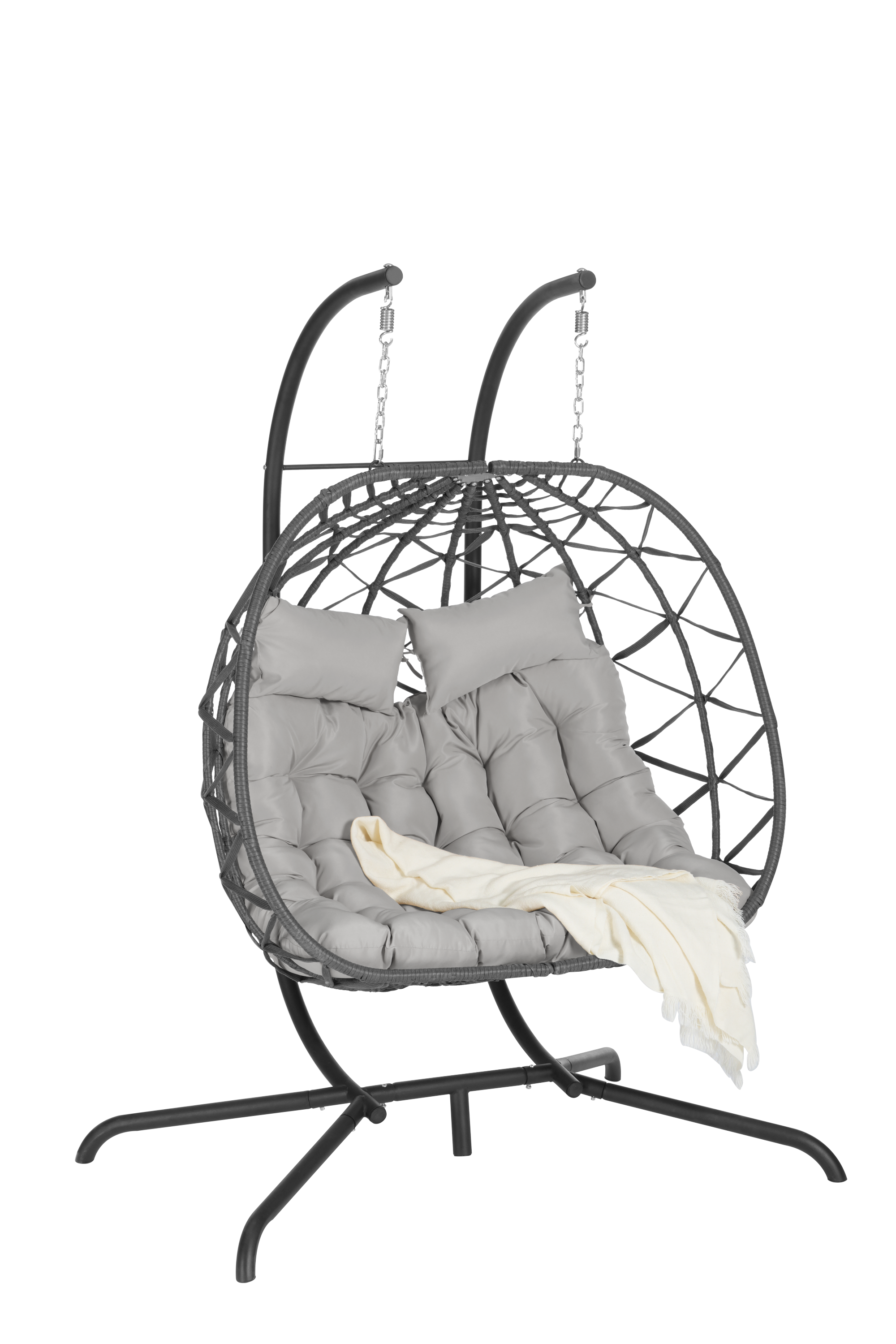 Double Egg Chair with Stand - Hanging Indoor/Outdoor Wicker Rattan Swing Chair with UV-Resistant Cushions (600 lbs Capacity) - Perfect for Bedroom, Balcony, Patio, Garden & Backyard Relaxation