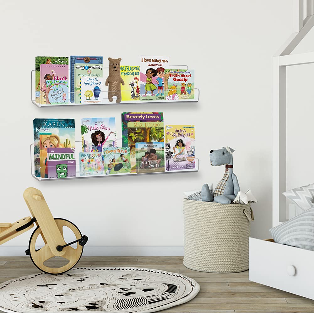 ECOSEAO 6-Pack Clear Acrylic Floating Shelves - 15 Inch Wall Mounted Book Shelf for Displaying Albums, Records & Decor in Bedroom, Living Room, Bathroom, Kitchen & Office - Modern Minimalist Storage Solution