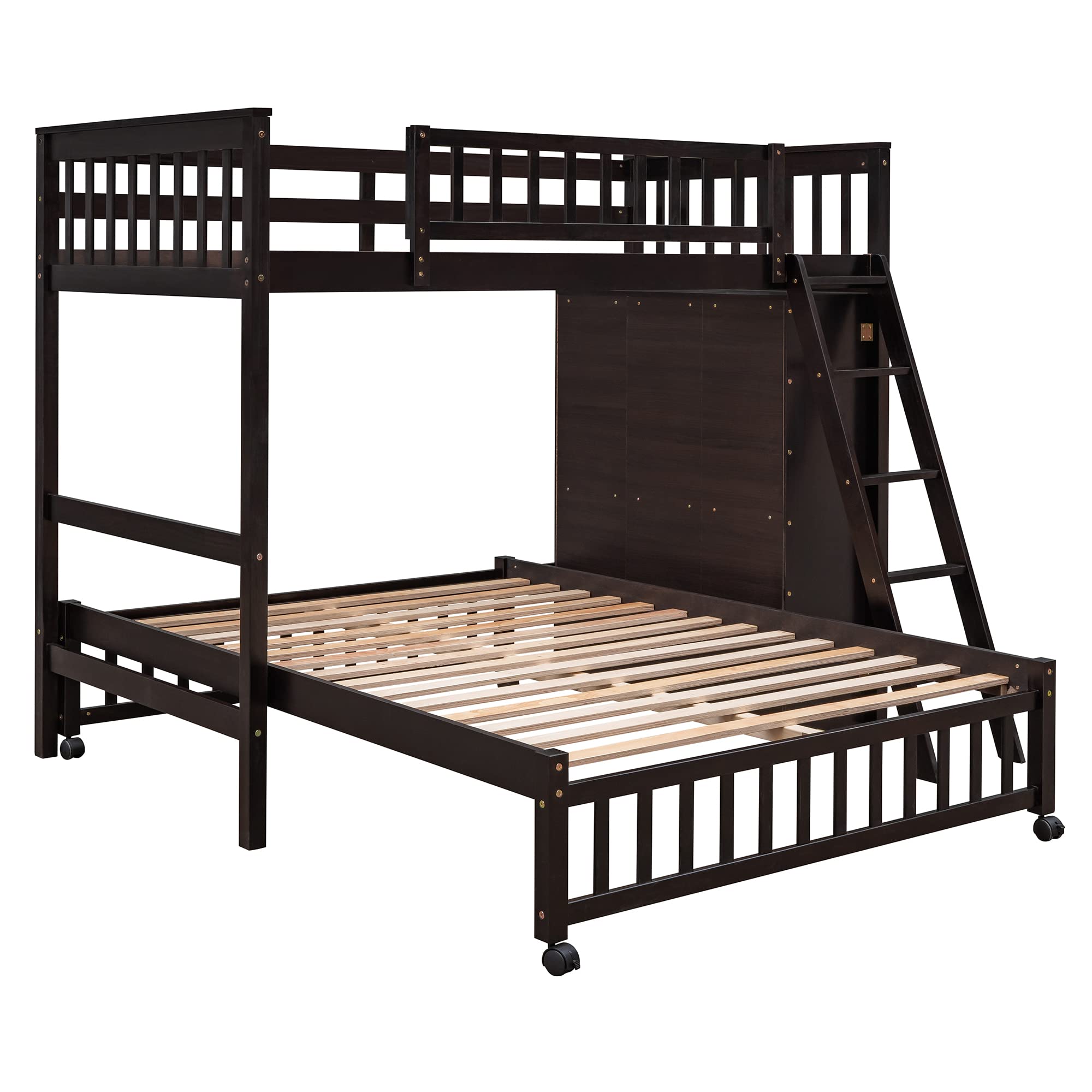 Harper & Bright Designs Twin Over Full Bunk Bed with 6 Storage Drawers & 3 Shelves - Solid Wood Loft Bed with Movable Lower Bed & Wheels, No Box Spring Needed (Espresso) - Perfect for Kids' Bedrooms, Guest Rooms & Small Spaces
