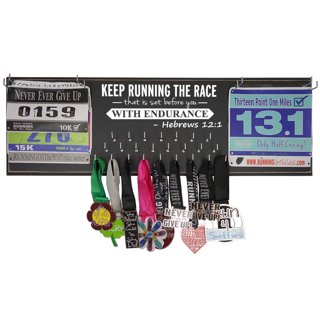 Marathon Medal Display & Race Bib Holder - Wall Mounted Running Awards Hanger for Runners - Perfect for Home Gym, Office Decor, or Marathon Memorabilia Display - Inspirational Hebrews 12:1 Verse
