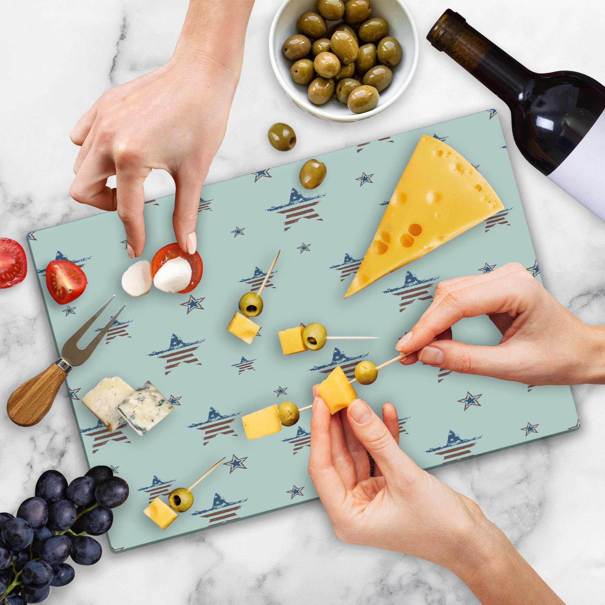 Ambesonne 4th of July Patriotic Cutting Board - American Flag & Stars Tempered Glass Serving Board - Large Size (Ruby, Navy Blue, White) - Perfect for Independence Day Parties, BBQ Serving & Kitchen Decor