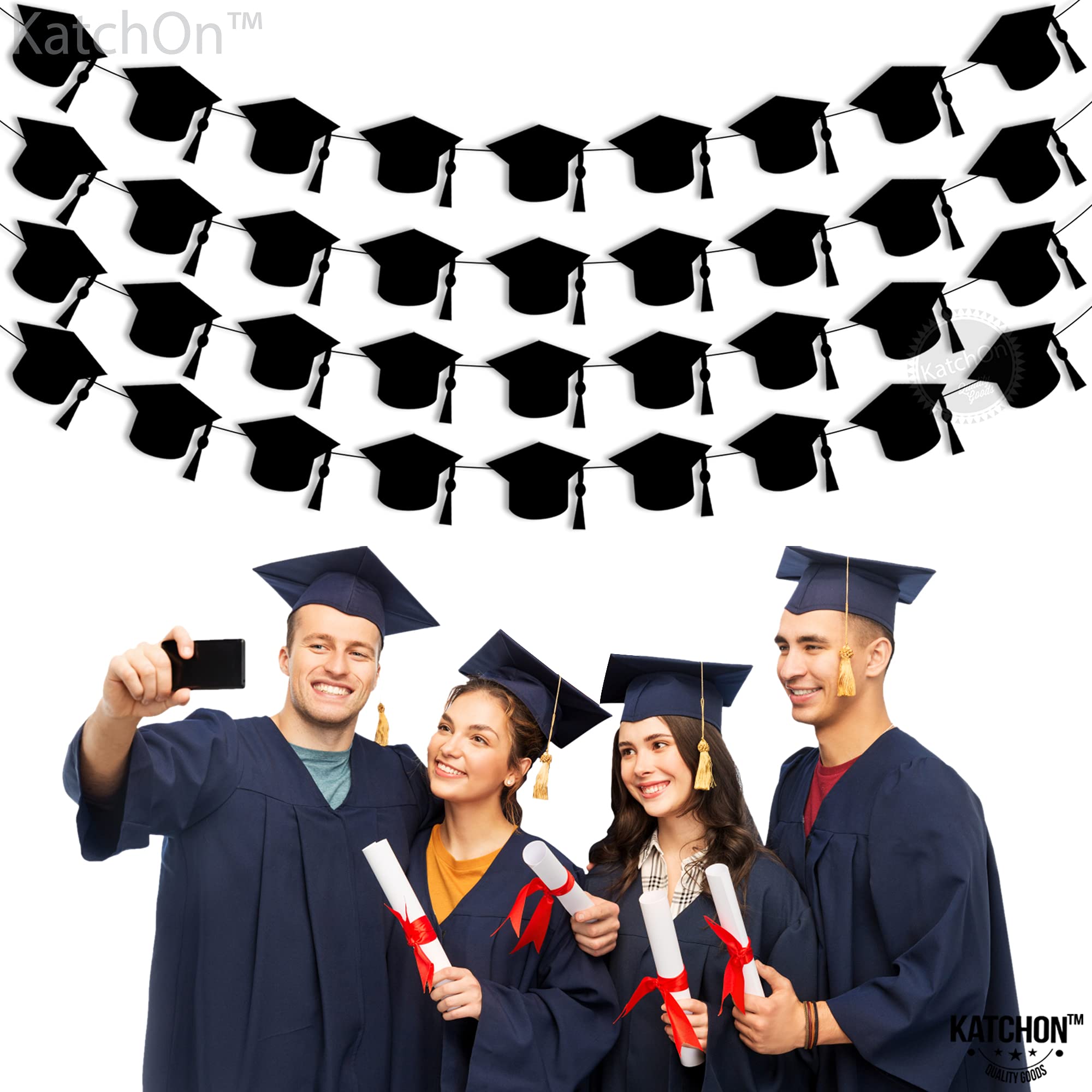 KatchOn Black Felt Graduation Cap Garland - 4 String | Class of 2025 Graduation Party Decorations, Graduation Ceremony & Photo Backdrop Decor | Perfect for High School, College Graduation Celebrations & Commencement Parties