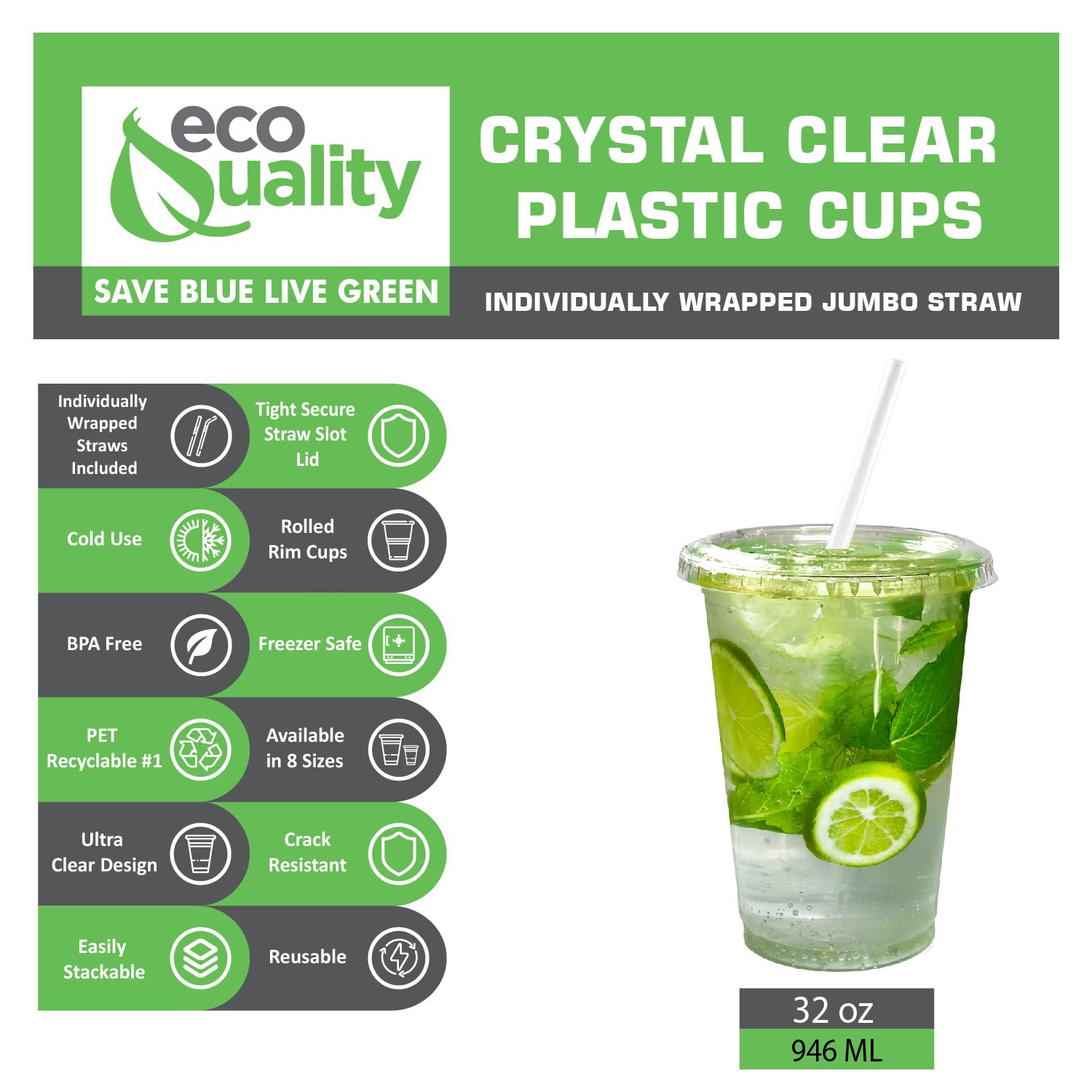 32 oz Clear Plastic Disposable Cups with Lids & Straws - 500 Count Bulk PET Cups for Cold Drinks, Smoothies, Iced Coffee, Boba Tea, Protein Shakes - Perfect for Parties, Cafes, Restaurants and Home Use