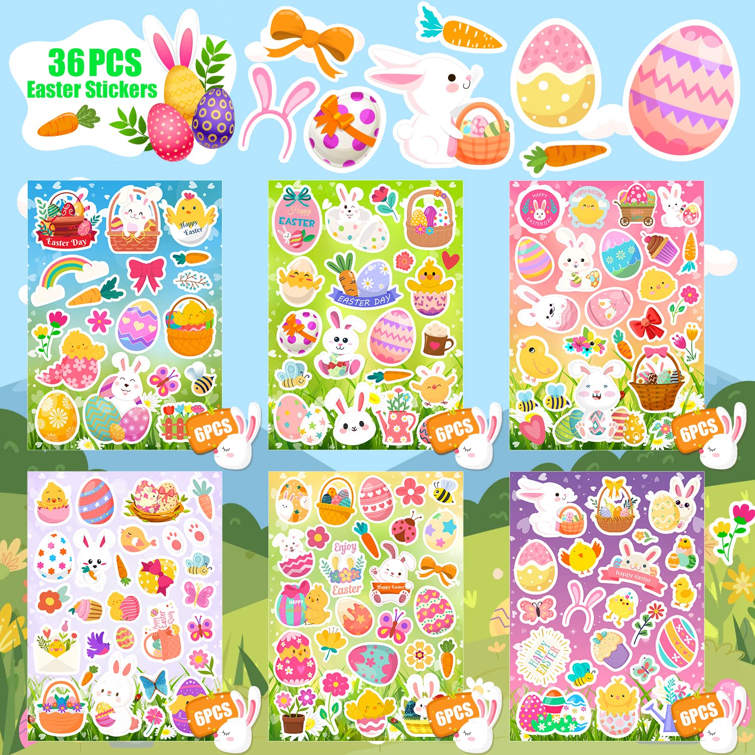 36 Sheets Easter Stickers for Kids - Bunny & Egg Decorations, Easter Party Favors, Basket Stuffers & Goodie Bag Fillers - Perfect for Easter Egg Decorating, Crafts, and Holiday Celebrations