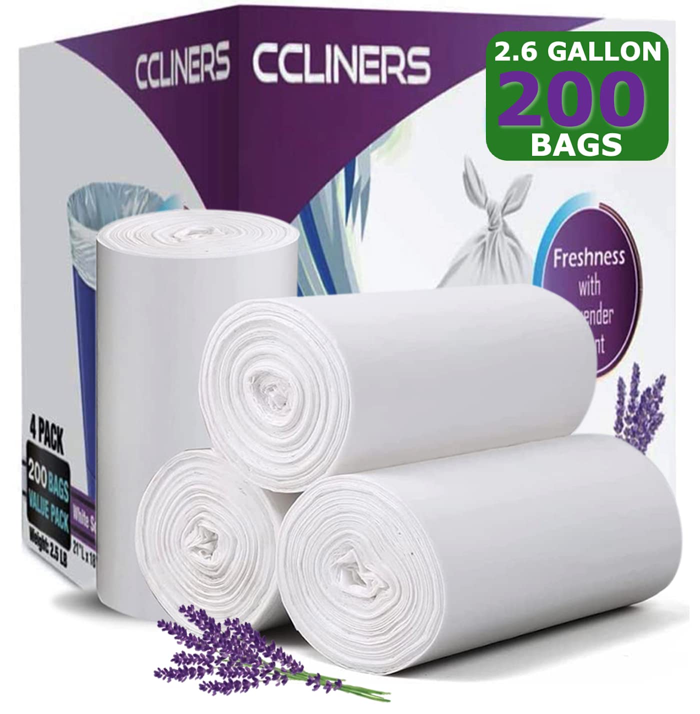 **2.6 Gallon Lavender Scented Trash Bags (200 Count) - White Small Bathroom Wastebasket Liners, Can Liners for Home, Office, Kitchen & Bathroom Bins - Fresh Scented Garbage Bags for Odor Control**